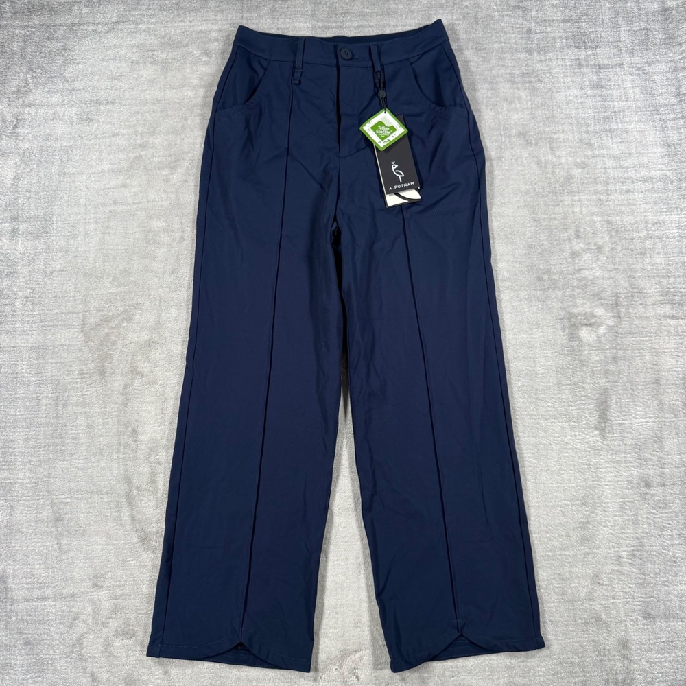 A Putnam Tulip Pant Womens 0 Navy Blue Wide Leg Pintuck Golf Resort Performance